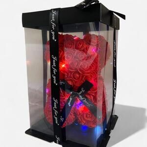 Red rose teddy bear with lights 10" bear 12" box